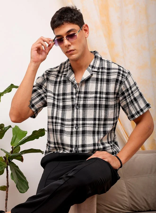 The Indian Garage Co Men Relaxed Fit Checkered Half Sleeves Cuban Collar Resort Wear Shirt