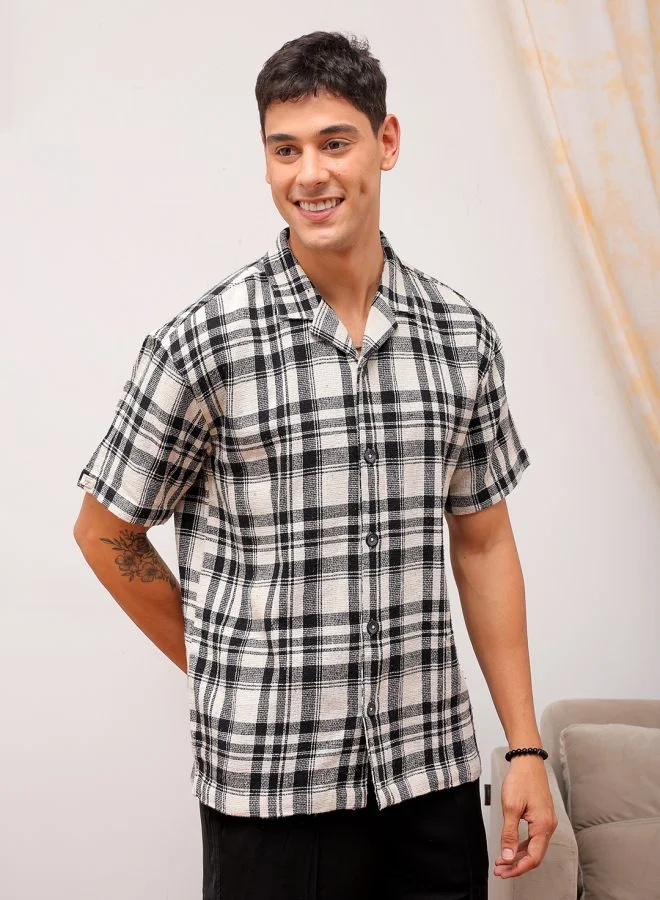 The Indian Garage Co Men Relaxed Fit Checkered Half Sleeves Cuban Collar Resort Wear Shirt