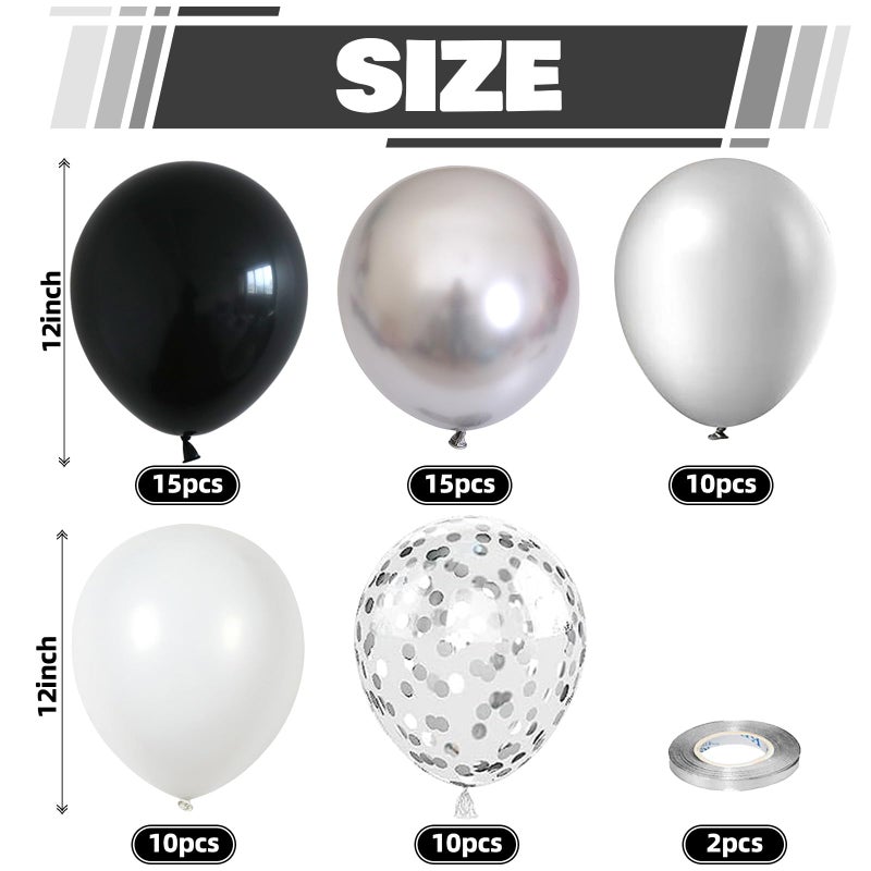 Govpy Black and Silver Balloons, 60 Packs 12 Inch Chrome Metallic Silver Balloons and Confetti Balloons, Black White Silver Balloon for Wedding Engagement Birthday Halloween Decorations - Image 2