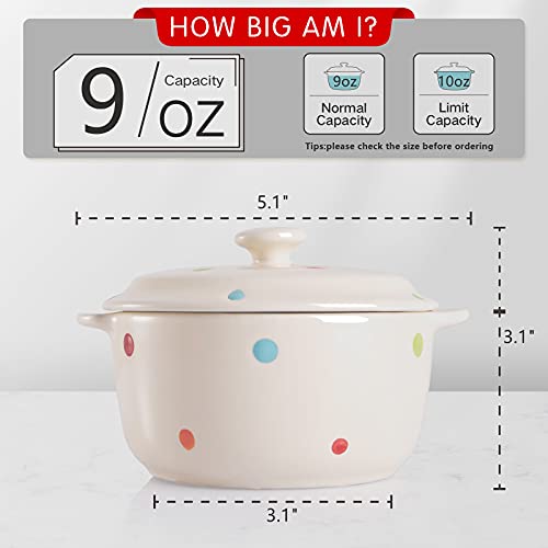 AVLA 4 Pack Porcelain Ramekins, 9 OZ Mini Casserole Bowl with Lid and Handle, Ceramic Souffle Soup Creme Brulee Bowls, Oven Safe, Mini Casserole Dish (Polka Dot, Assorted Color) - Image 2