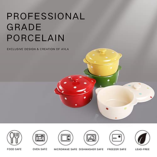 AVLA 4 Pack Porcelain Ramekins, 9 OZ Mini Casserole Bowl with Lid and Handle, Ceramic Souffle Soup Creme Brulee Bowls, Oven Safe, Mini Casserole Dish (Polka Dot, Assorted Color) - Image 3