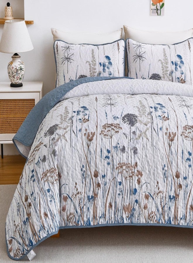Dobuyly Blue King Size Quilts for Bed, Floral Botanical King Quilt Bedding Set 3 Pieces, Soft Lightweight Microfiber Brown Flower Bedspread Coverlet Set for All Season, 110"x90" - Image 4