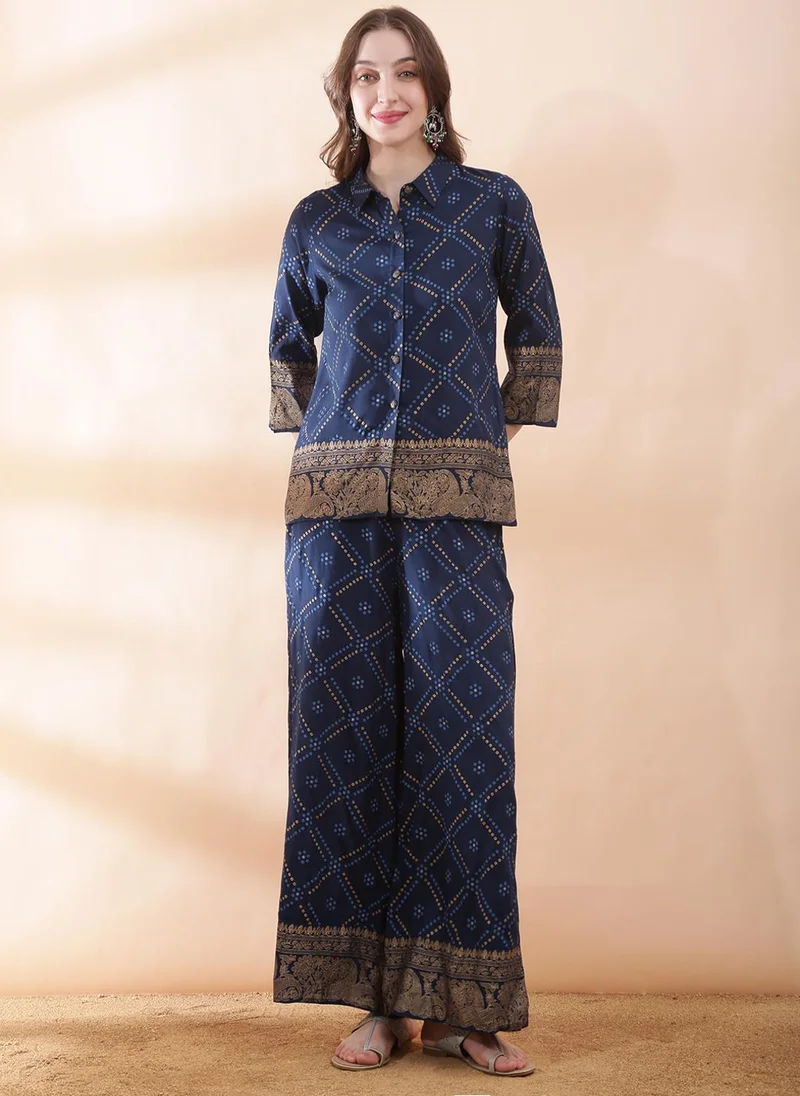 جلو باص Globus Women Teal Collared Neck Gold Foil Bandhani Print Shirt with Palazzos Fusion Co-ord Set