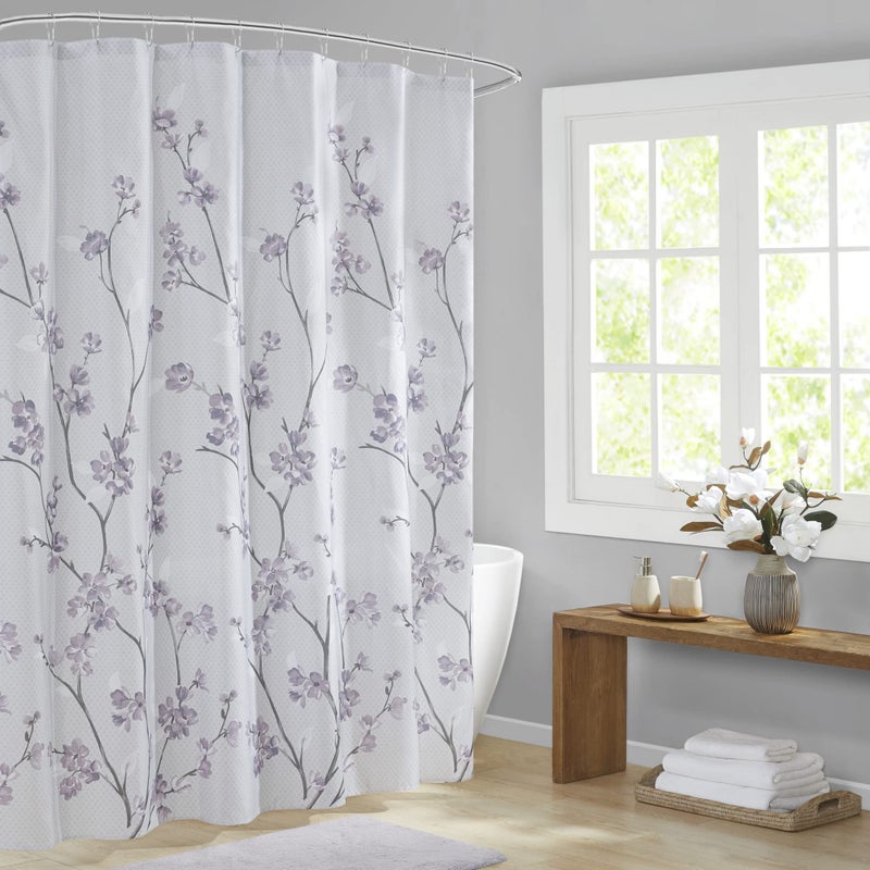 Comfort Spaces Kate Bathroom Shower Curtain Floral Printed, Vibrant Colors Modern Machine Washable Bath Curtains, 72"x72", Grey/Purple - Image 1