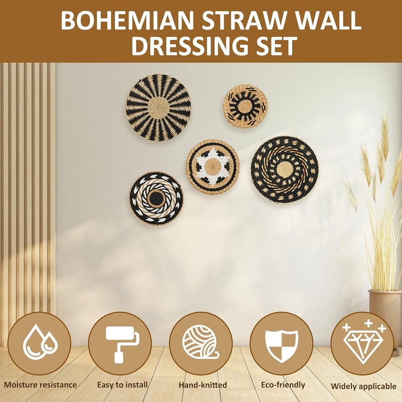 windforgecraft 5 Pcs Woven Wall Basket Set Hanging Woven Wall Basket Boho Wall Decor Hanging Seagrass Baskets Round Woven Wicker Rattan Wall Art for Home Kitchen Farmhouse Table Living Room - Image 2