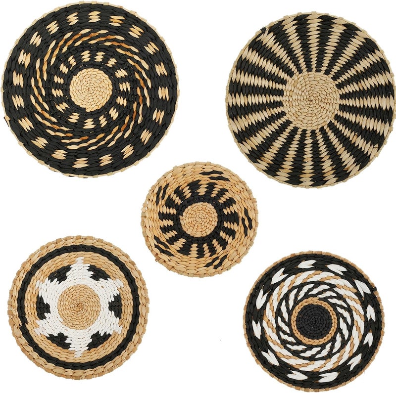 windforgecraft 5 Pcs Woven Wall Basket Set Hanging Woven Wall Basket Boho Wall Decor Hanging Seagrass Baskets Round Woven Wicker Rattan Wall Art for Home Kitchen Farmhouse Table Living Room - Image 1