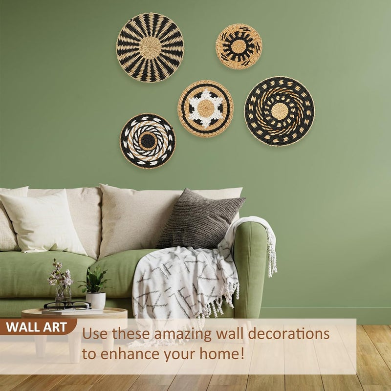 windforgecraft 5 Pcs Woven Wall Basket Set Hanging Woven Wall Basket Boho Wall Decor Hanging Seagrass Baskets Round Woven Wicker Rattan Wall Art for Home Kitchen Farmhouse Table Living Room - Image 4