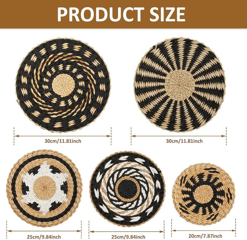 windforgecraft 5 Pcs Woven Wall Basket Set Hanging Woven Wall Basket Boho Wall Decor Hanging Seagrass Baskets Round Woven Wicker Rattan Wall Art for Home Kitchen Farmhouse Table Living Room - Image 3