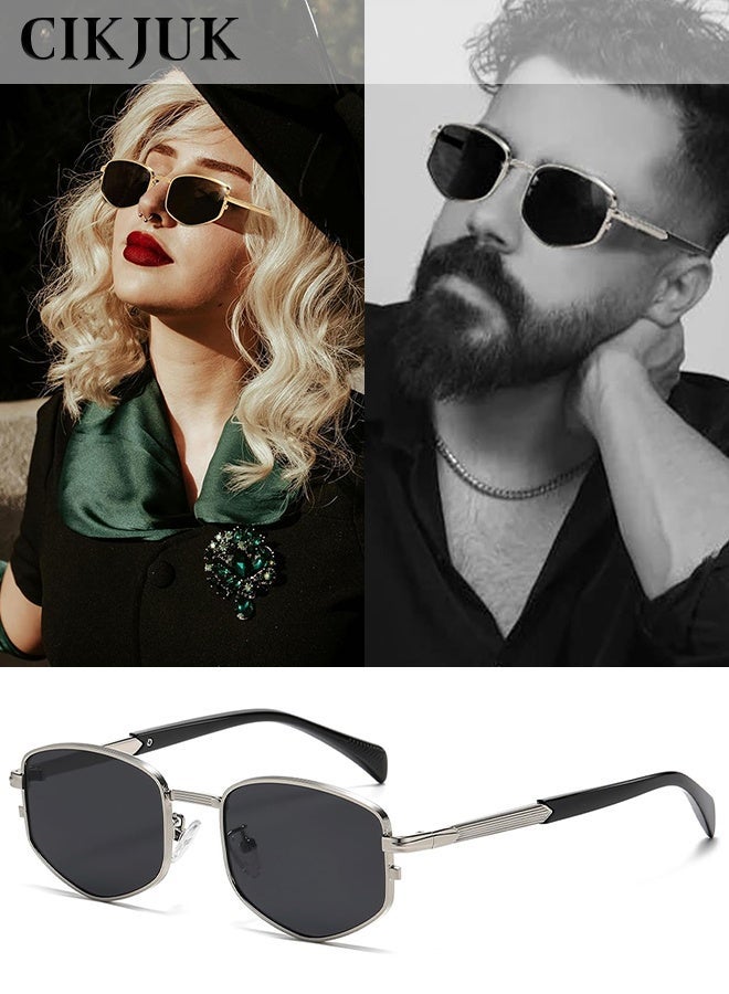 CIKJUK Metal Frame Sunglasses Men Women Trendy Rhombus Sun Glasses Luxury Polygon Men's Women's Sunglass Classic UV400 Protection for Mens Shades Premium Man Sun Glas Silver - Image 1