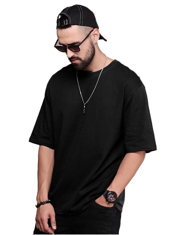 LEOTUDE - LEOTUDE Men's Oversized Half Sleeve Round Neck Cottonblend Tshirt (FS49_Plain_OVR_P_Black_XL) - Image 1