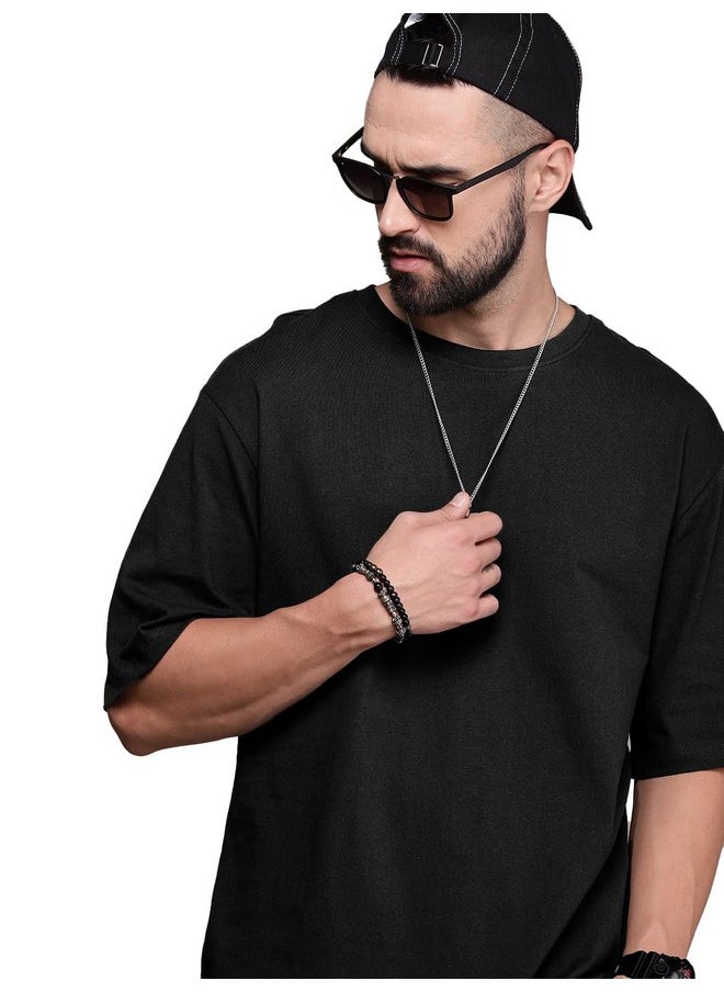 LEOTUDE - LEOTUDE Men's Oversized Half Sleeve Round Neck Cottonblend Tshirt (FS49_Plain_OVR_P_Black_XL) - Image 1