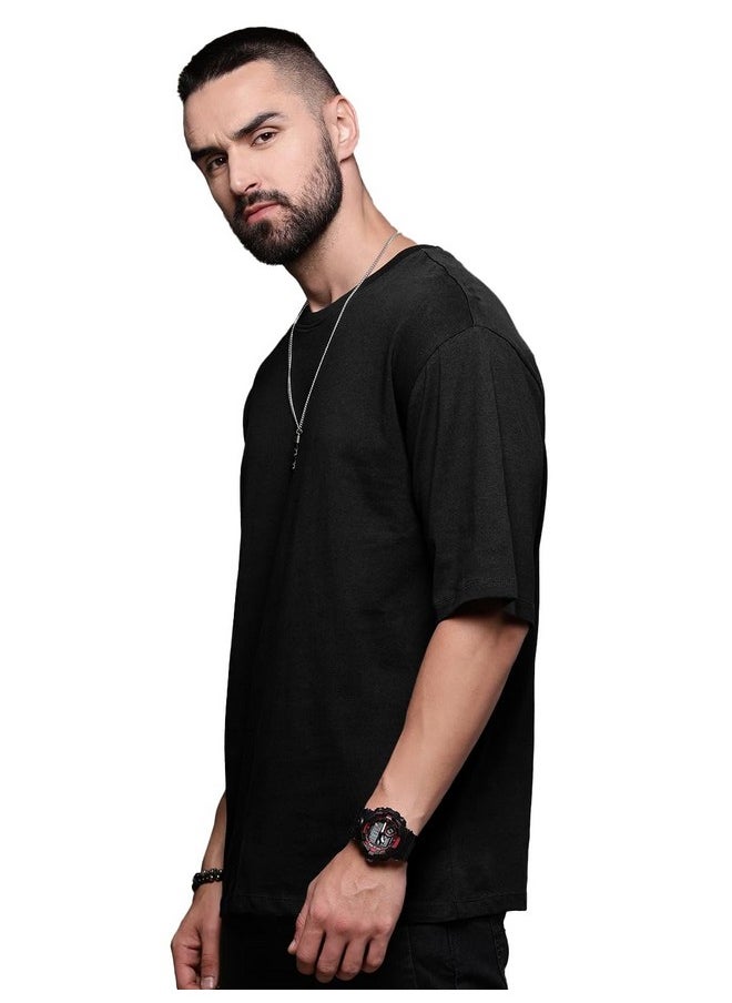 LEOTUDE - LEOTUDE Men's Oversized Half Sleeve Round Neck Cottonblend Tshirt (FS49_Plain_OVR_P_Black_XL) - Image 1