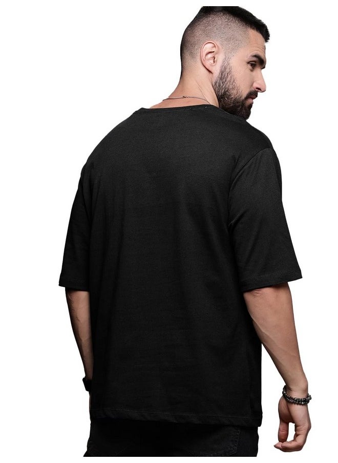 LEOTUDE - LEOTUDE Men's Oversized Half Sleeve Round Neck Cottonblend Tshirt (FS49_Plain_OVR_P_Black_XL) - Image 1