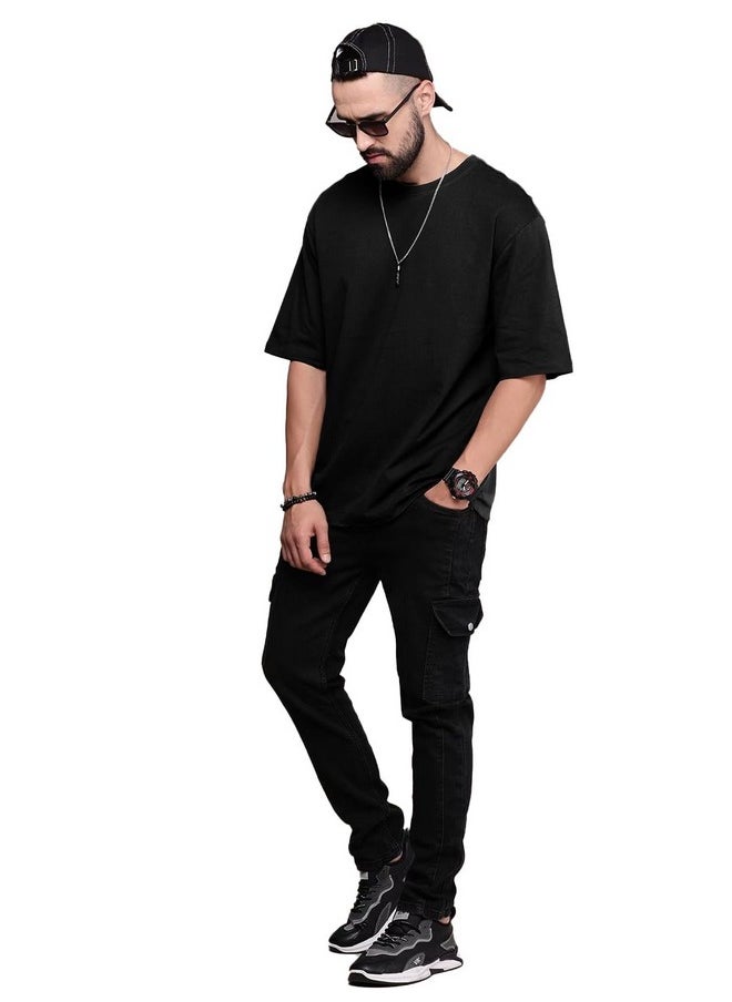 LEOTUDE - LEOTUDE Men's Oversized Half Sleeve Round Neck Cottonblend Tshirt (FS49_Plain_OVR_P_Black_XL) - Image 1