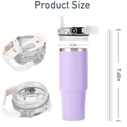 Tazanma 30oz & 20oz Replacement Lid for Stanley IceFlow Stainless Steel Tumbler，2 PCS Spill Proof Tumbler Cover with Handle & 2-in-1 Flip Straw Spout，Leak-Proof Splash Resistant (Grey) - Image 4