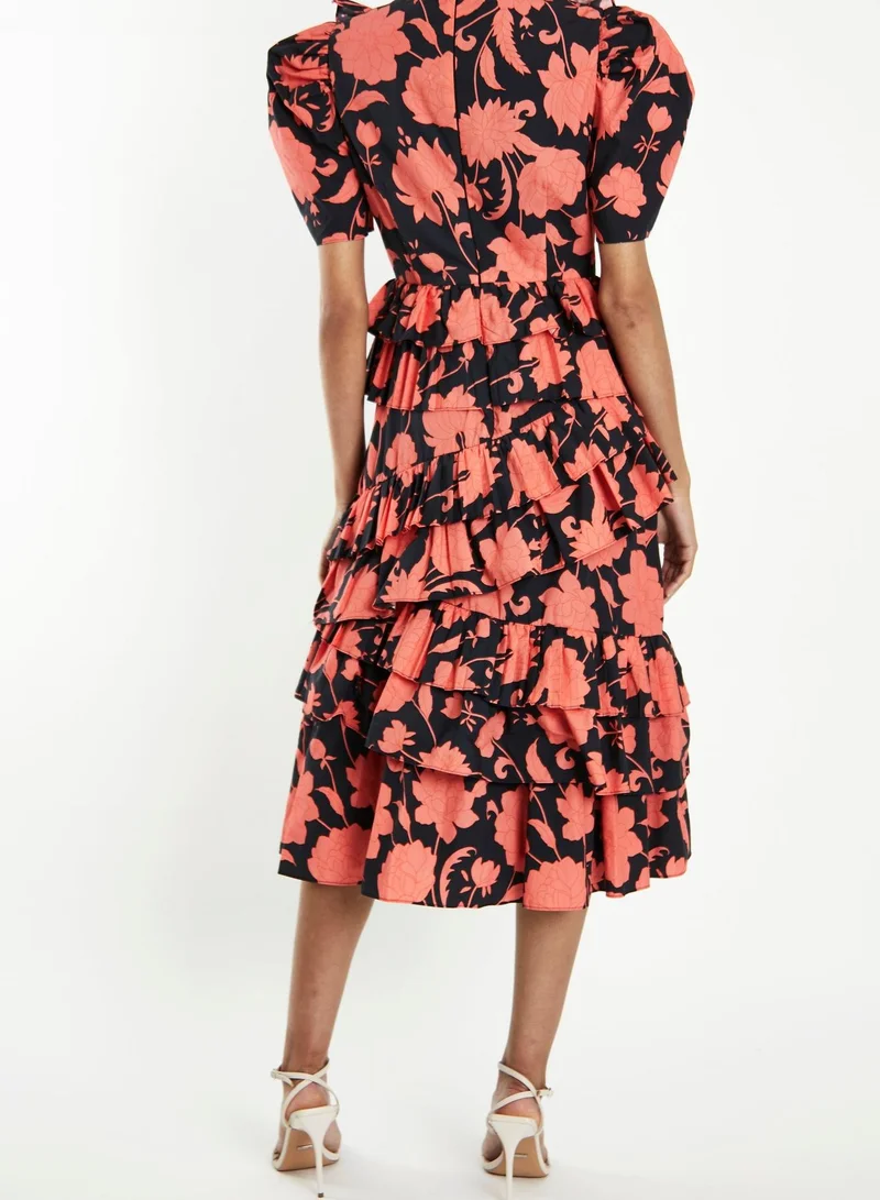 ترو ديكادينس Delilah Black-Coral-Flower Puff-Sleeve Midi-Dress