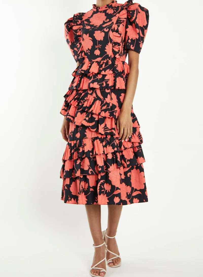 ترو ديكادينس Delilah Black-Coral-Flower Puff-Sleeve Midi-Dress