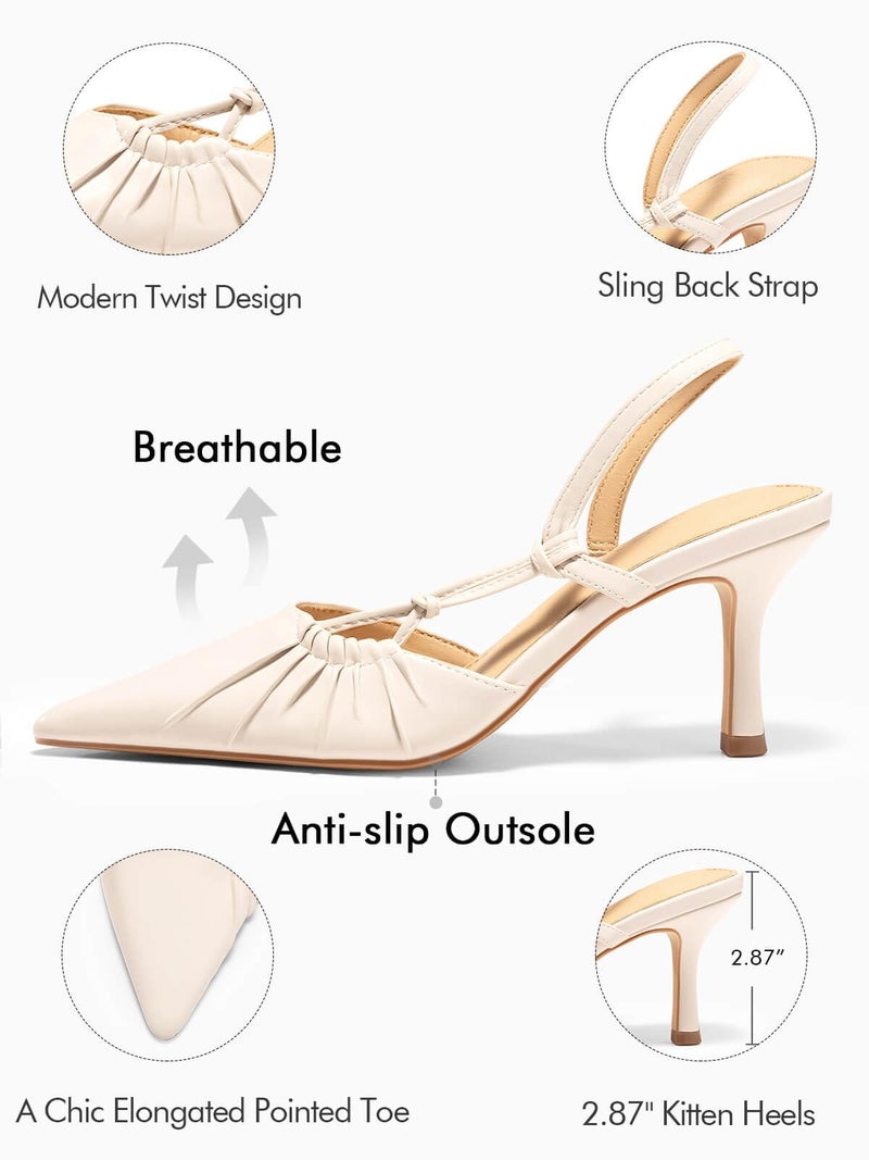 Coutgo Womens Slingback Kitten Heels Closed Pointed Toe Pumps D'Orsay Wedding Party Dress Shoes, Cream White, Size 9 - Image 4