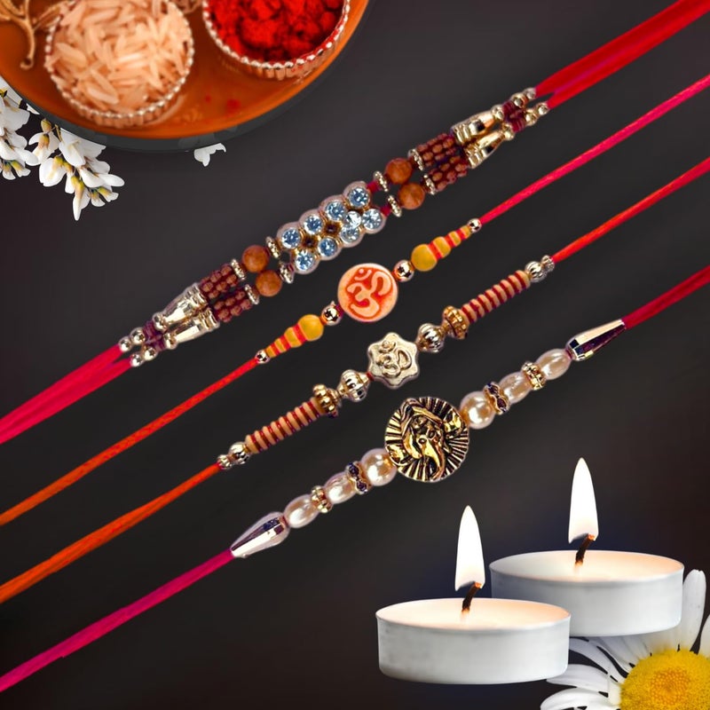 DRYPHON Combo 4 Pack Rakhi for Brother, Bhaiya, Bhai, Bhabhi | Premium Mauli Thread Rakhi Set with Roli Chawal Tilak Set | Rakhi Bracelet for Brother and Bhabhi with Tealight Candle for Aarti (RK402) - Image 5