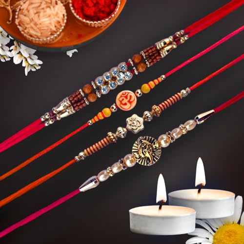 DRYPHON Combo 4 Pack Rakhi for Brother, Bhaiya, Bhai, Bhabhi | Premium Mauli Thread Rakhi Set with Roli Chawal Tilak Set | Rakhi Bracelet for Brother and Bhabhi with Tealight Candle for Aarti (RK402) - Image 1