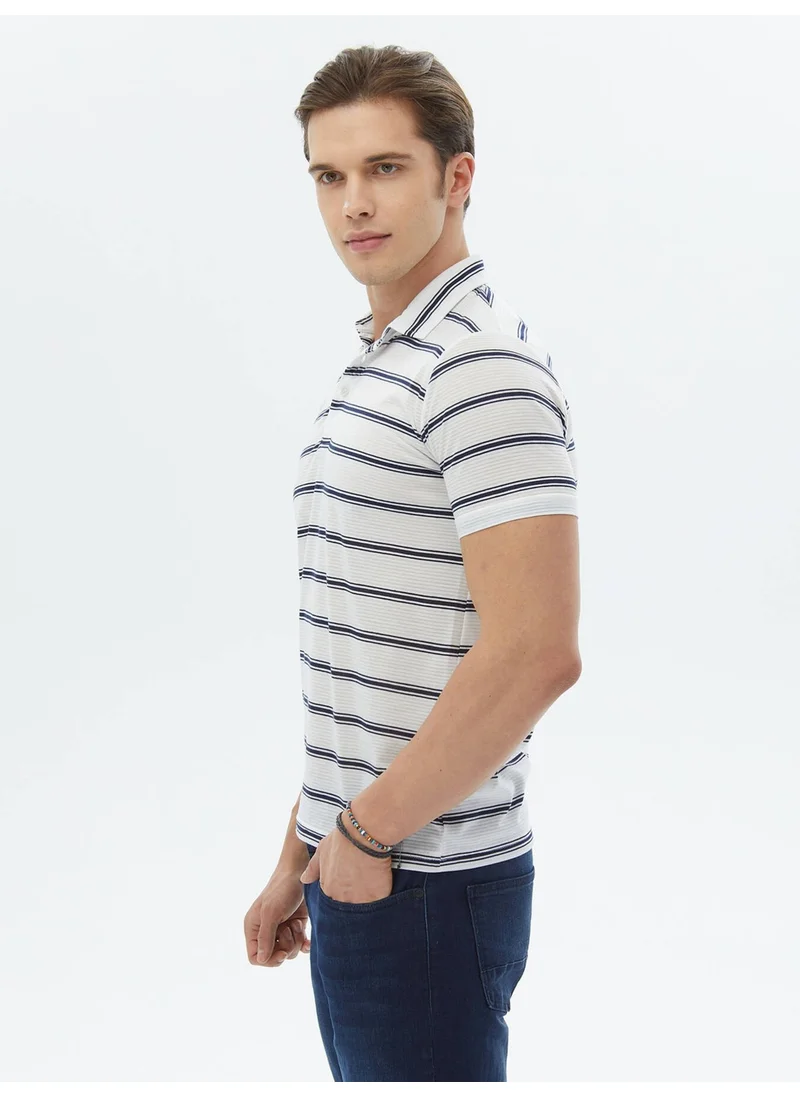 Kip Navy Blue Striped Polo Neck T-Shirt