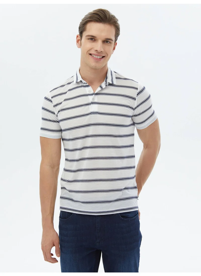 Kip Navy Blue Striped Polo Neck T-Shirt