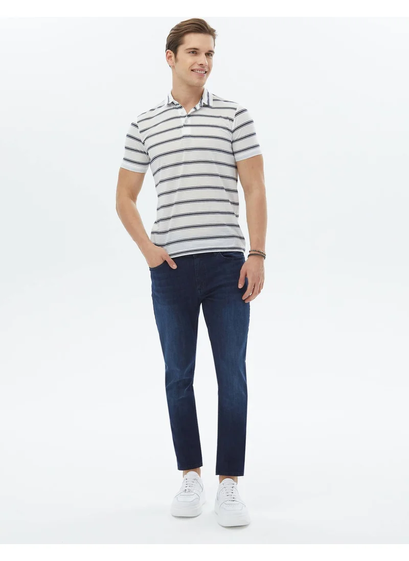 Kip Navy Blue Striped Polo Neck T-Shirt