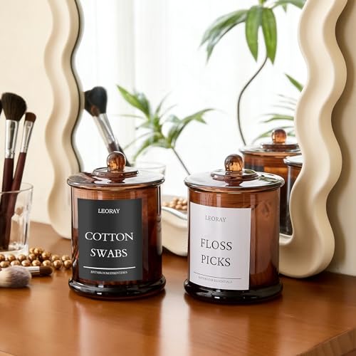 LEORAY 2 Pack Glass Qtip Holder Dispenser with Lids, Airtight Waterproof, 16 Oz Vanity Organizer Bathroom Canisters for Cotton Swabs, Balls, Pads, Floss Picks, Restroom Kitchen Storage Jars, Amber - Image 5