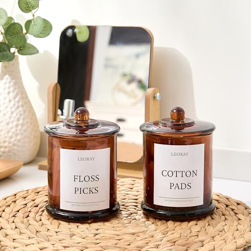LEORAY 2 Pack Glass Qtip Holder Dispenser with Lids, Airtight Waterproof, 16 Oz Vanity Organizer Bathroom Canisters for Cotton Swabs, Balls, Pads, Floss Picks, Restroom Kitchen Storage Jars, Amber - Image 3