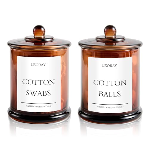 LEORAY 2 Pack Glass Qtip Holder Dispenser with Lids, Airtight Waterproof, 16 Oz Vanity Organizer Bathroom Canisters for Cotton Swabs, Balls, Pads, Floss Picks, Restroom Kitchen Storage Jars, Amber - Image 1
