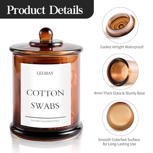 LEORAY 2 Pack Glass Qtip Holder Dispenser with Lids, Airtight Waterproof, 16 Oz Vanity Organizer Bathroom Canisters for Cotton Swabs, Balls, Pads, Floss Picks, Restroom Kitchen Storage Jars, Amber - Image 4