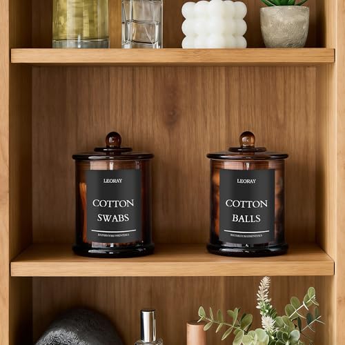 LEORAY 2 Pack Glass Qtip Holder Dispenser with Lids, Airtight Waterproof, 16 Oz Vanity Organizer Bathroom Canisters for Cotton Swabs, Balls, Pads, Floss Picks, Restroom Kitchen Storage Jars, Amber - Image 2