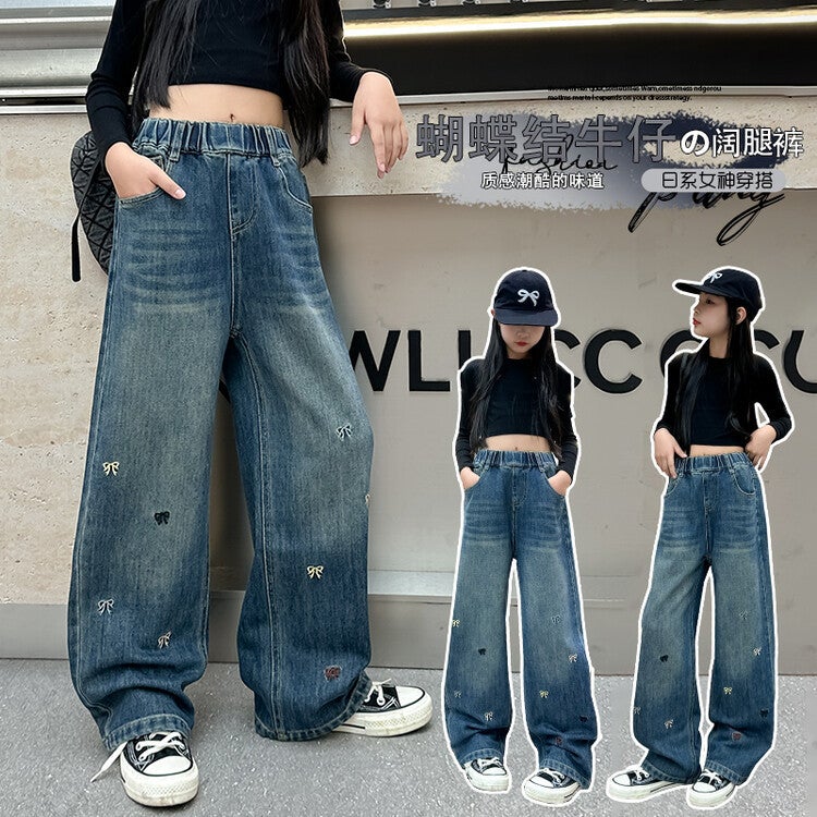 Girls' Wide-Leg Jeans 2026 New Autumn Stylish Big Girl Autumn Outfit Children'S Embroidered Bow Long Pants - Image 4