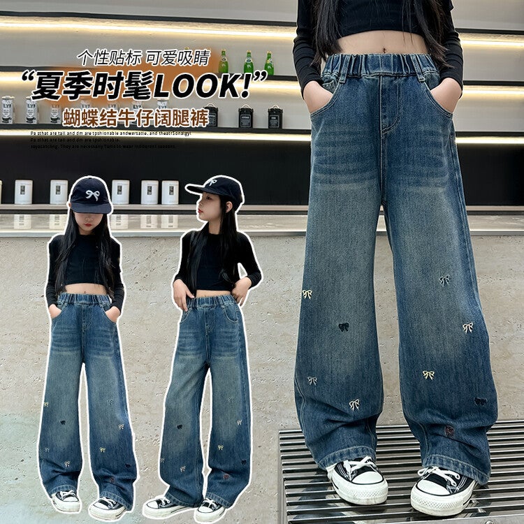 Girls' Wide-Leg Jeans 2026 New Autumn Stylish Big Girl Autumn Outfit Children'S Embroidered Bow Long Pants - Image 2