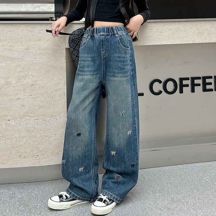Girls' Wide-Leg Jeans 2026 New Autumn Stylish Big Girl Autumn Outfit Children'S Embroidered Bow Long Pants - Image 1
