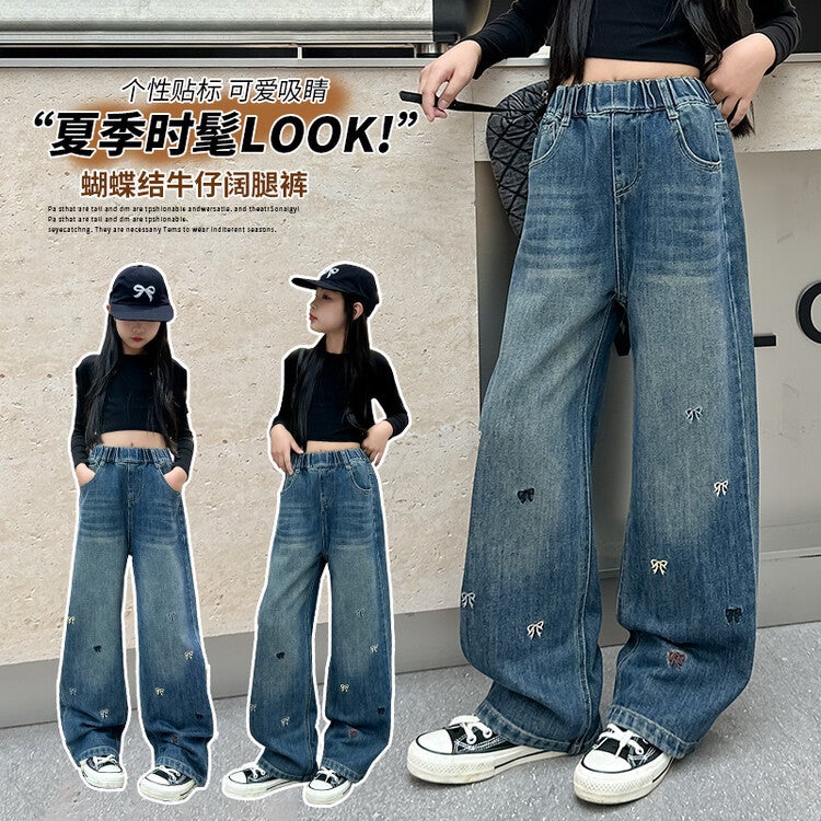 Girls' Wide-Leg Jeans 2026 New Autumn Stylish Big Girl Autumn Outfit Children'S Embroidered Bow Long Pants - Image 3