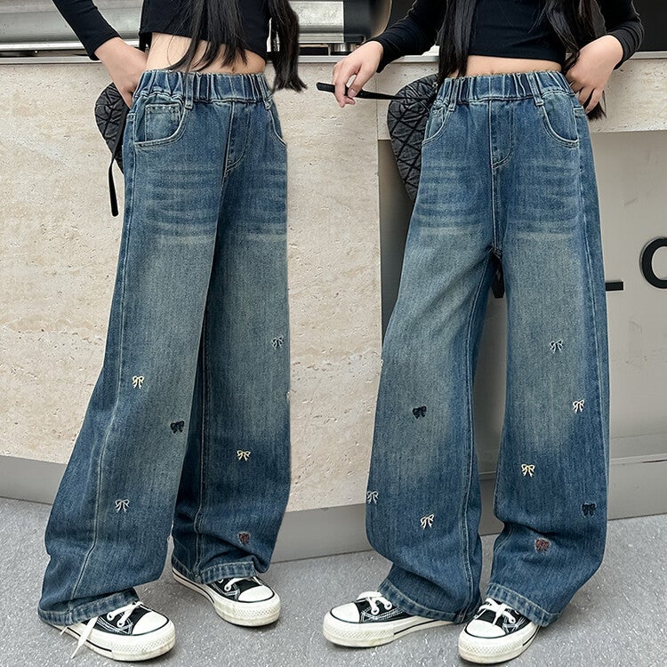 Girls' Wide-Leg Jeans 2026 New Autumn Stylish Big Girl Autumn Outfit Children'S Embroidered Bow Long Pants - Image 5