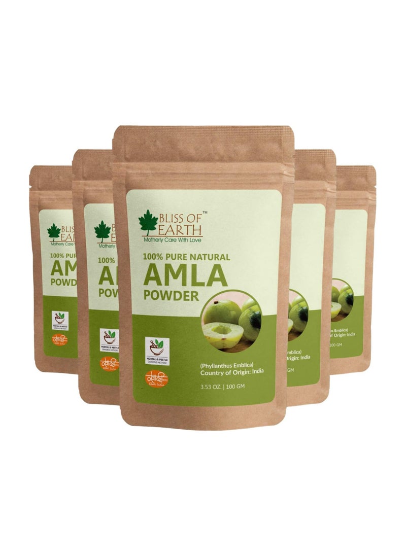 BLISS OF EARTH 100% Pure Natural AMLA Powder 100GM Indian Gooseberry Great For Hair Conditioning & Hair Coloring Mixture Natural Vitamin C & Antioxidants Pack of 5  - Image 1