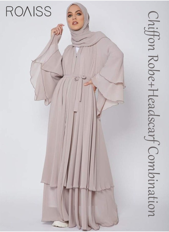 roaiss - Solid Color Double Layered Chiffon Muslim Abaya Dress for Women's Daily Commuting Banquet Formal Occasion Cardigan Robe Paired With Same Color Buckle Belt (excluding matching dress and headscarf) - Image 1