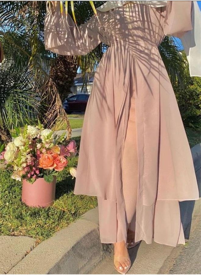 roaiss - Solid Color Double Layered Chiffon Muslim Abaya Dress for Women's Daily Commuting Banquet Formal Occasion Cardigan Robe Paired With Same Color Buckle Belt (excluding matching dress and headscarf) - Image 1