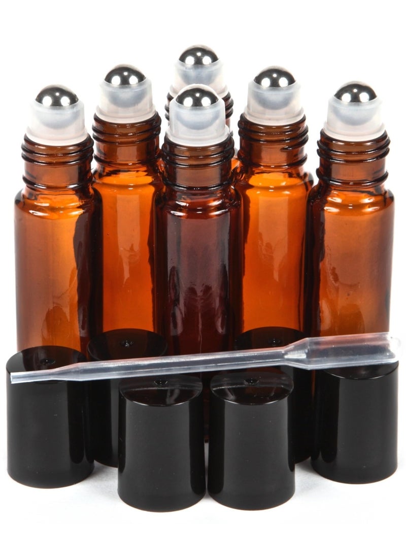 6 PCS Amber 10 Ml Perfume Bottles, Empty Glass Roll on Bottles with Stainless Steel Roller Balls 5 Ml Dropper Included Roll on Bottles Roller Balls for Essential Oils - Image 1