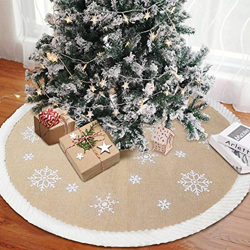 OurWarm Christmas Tree Skirt 48inch, White Snowflake Fur Burlap Tree Skirt for Xmas Decor Festive Holiday Decorations Indoor Outdoor - Image 3
