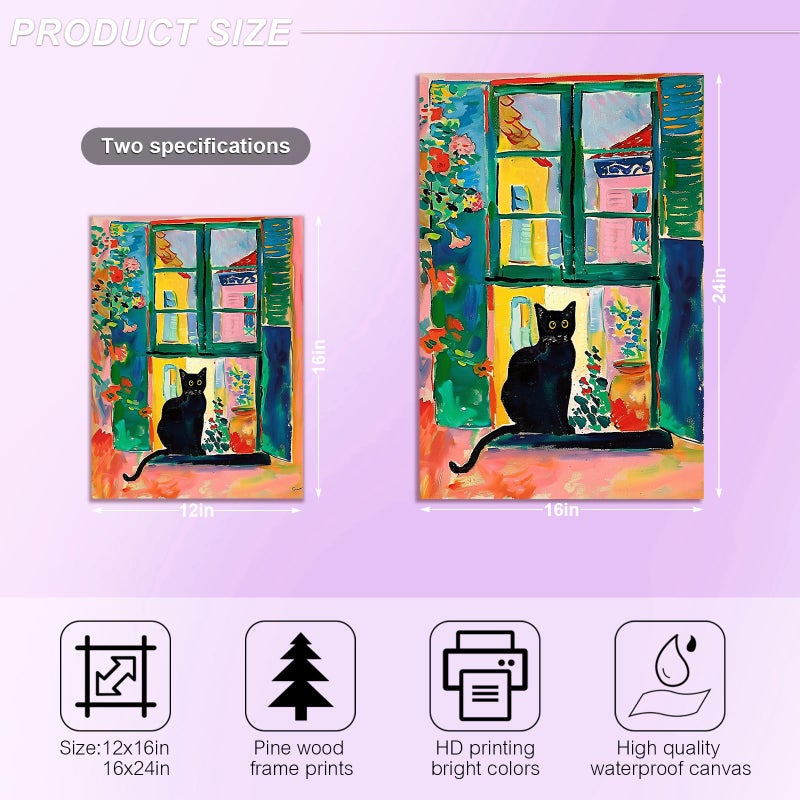 HYFBH Henri Matisse Black Cat Canvas Wall Art Framed, Matisse Open Window Print Cute Cat Poster Gallery Aesthetic Room Decor for Bedroom Bathroom, Kawaii Preppy Room Decor for Teen Girls 12x16inch - Image 4