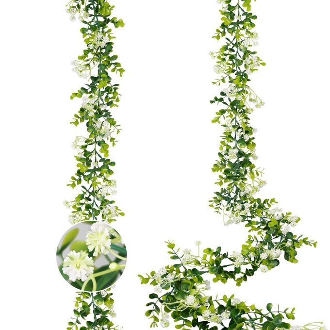 6FT EUCALYPTUS GARLAND WITH FLOWERS 2 PACK ARTIFICIAL GREENERY GARLAND HANGING SPRING EUCALYPTUS GARLAND SUITABLE FOR TABLE WEDDING BACKDROP ARCH WALL PARTY UV PROTECTED INDOOR OUTDOOR DECOR
