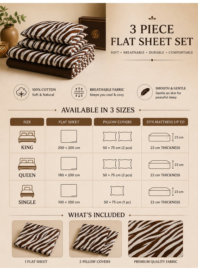 Eworld 3-Piece Flat Bedsheet Set, Zebra Print, 100% Cotton, 125 GSM, 1 Flat Sheet + 2 Pillowcases – Available in King, Queen and Single Sizes - Image 3