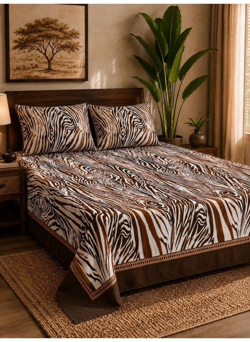 Eworld 3-Piece Flat Bedsheet Set, Zebra Print, 100% Cotton, 125 GSM, 1 Flat Sheet + 2 Pillowcases – Available in King, Queen and Single Sizes - Image 1
