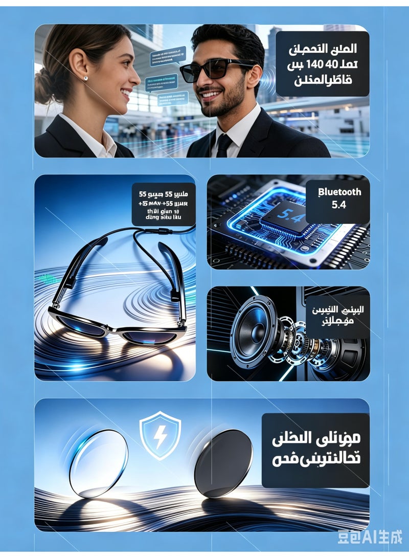 نظارات ذكية بالذكاء الاصطناعي مع كاميرا عالية الدقة مانعة للاهتزاز، بلوتوث، صوت، ترجمة ومساعد AI، حماية من الضوء الأزرق والأشعة فوق البنفسجية للرجال والنساء، للسفر والتدوين المرئي - Image 3