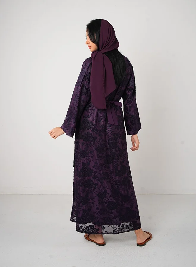 جميلة Dark Purple Full lace Open Abaya 3 pieces Set