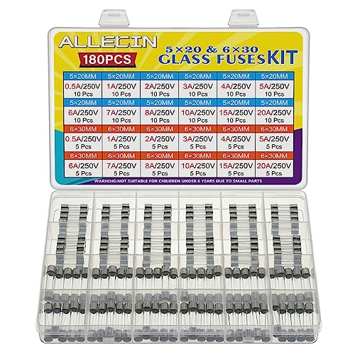 ALLECIN 24 Values 250V Fast Blow Glass Fuses Assortment Kit 0.5A 1A 2A 3A 4A 5A 6A 7A 8A 10A 15A 20A 5X20MM 6X30MM 0.5 1 2 3 4 5 6 7 8 10 15 20 Amp 250 Volt Quick Tube Fuse Set - Image 1