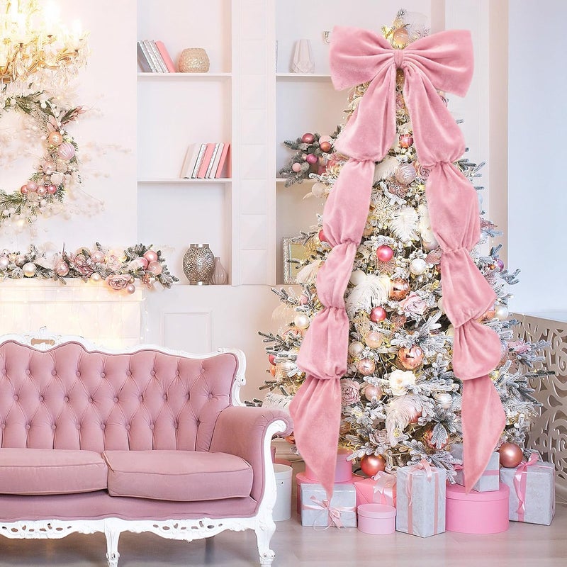 Knitgrip Extra Large Velvet Christmas Tree Topper Bow Giant Bow with Long Streamers Oversized Wrapping Gifts for Holiday Party Xmas Tree Wedding Home Decorations(Pink,118 Inch) - Image 3